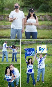 Some elaborate "gender reveals" include the expectant mom and dad putting on blindfolds and splattering each other with gender appropriate paint. source: http://www.pinterest.com/pin/299489443940744311/