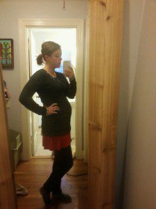 Day 8: grey sweater (over longsleeve and green tank for warmth), red skirt, grey leggings, black snow boots