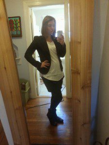 Day 10, morning work meeting: black blazer over white flowy top, blue silk skirt, thick grey ribbed tights, brown boots