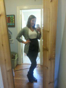 Day 10, rest of the day: grey cardigan over white tee, blue silk skirt, thick grey ribbed tights, brown boots
