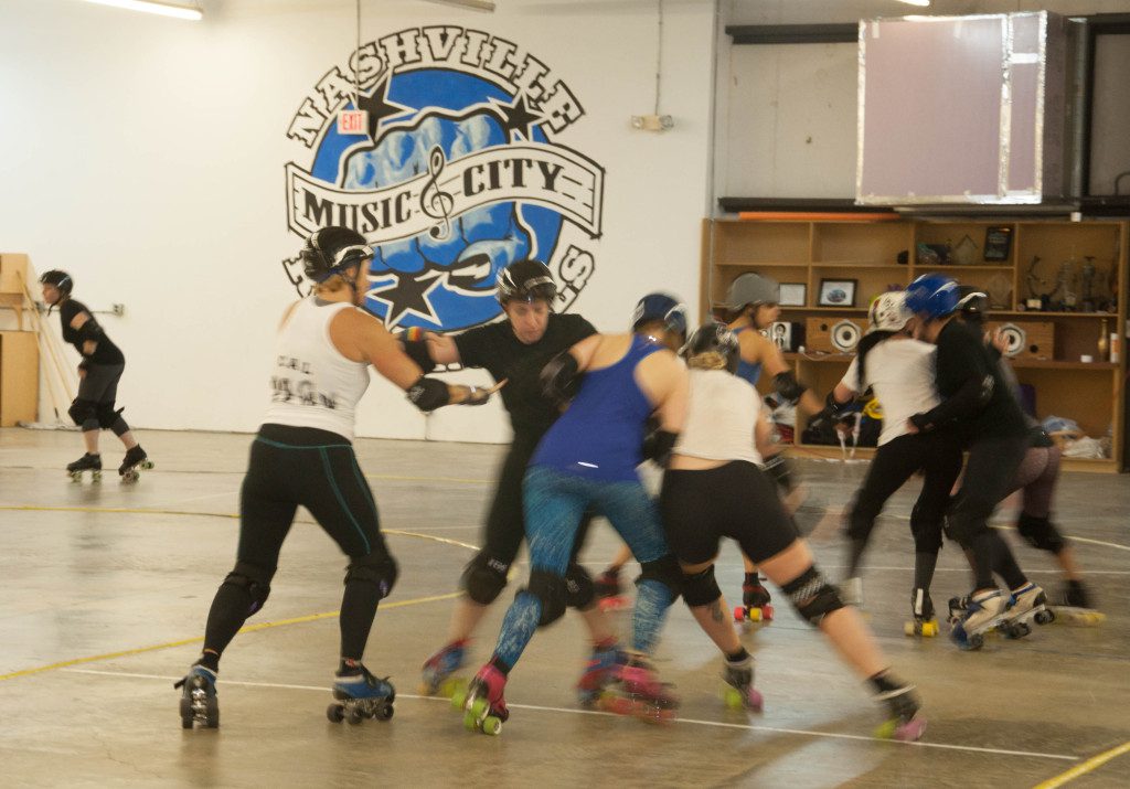 Members of the Nashville Rollergirls practice days ahead of a pre-season game. A number of the skaters are moms and have daughters involved with the junior Rollergirls. 