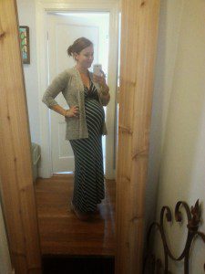 Outfit one: Blue striped maxi dress, grey cardigan